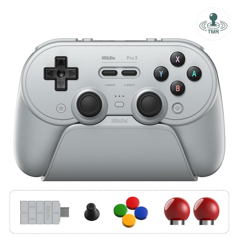 AKNES 8BitDo Pro 3 Bluetooth Controller for Switch/Switch 2, TMR Joysticks, Programmable Pro Back Buttons&R4/L4 Bumpers, Hall/Tactile Triggers, Swappable ABXY Buttons, for Windows,Apple,SteamOS,Android,Grey - Image 1